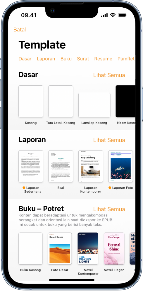 Pemilih template, menampilkan baris kategori di sepanjang bagian atas yang dapat Anda ketuk untuk memfilter pilihan. Di bawah terdapat gambar mini template yang didesain sebelumnya yang diatur dalam baris menurut kategori, dimulai dengan Baru di bagian atas dan diikuti dengan Terbaru dan Dasar. Tombol Lihat Semua muncul di atas dan di sebelah kanan setiap baris kategori.