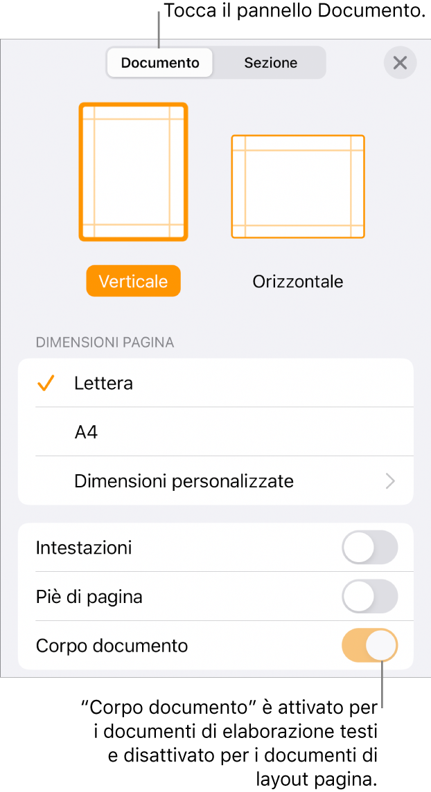 I controlli di formattazione Documento con “Corpo documento” attivato nella parte inferiore dello schermo.