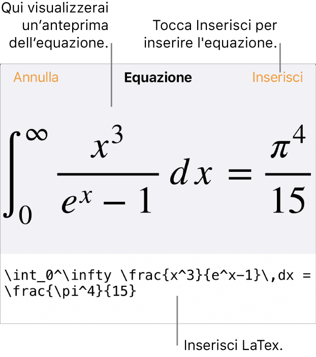 La finestra di dialogo Equazione con l'equazione scritta tramite comandi LaTeX e un'anteprima della formula di cui sopra.