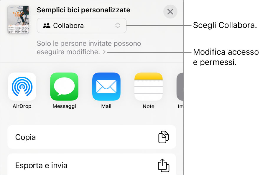 Il menu di condivisone con l'opzione Collabora selezionata in alto e le impostazioni di accesso e dei permessi sotto.