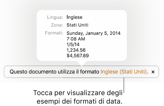 La notifica della diversa impostazione di lingua e zona, con esempi dei formati.