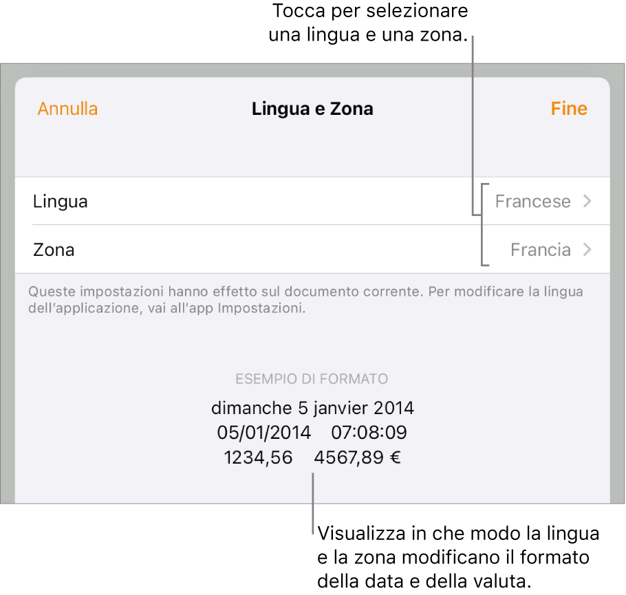 Il pannello Lingua e Zona con i controlli per lingua e zona e un esempio di formato che include data, ora, numeri decimali e valuta.