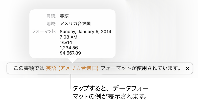 別の言語と地域の設定を示す通知。その言語と地域のフォーマットの例が表示されています。