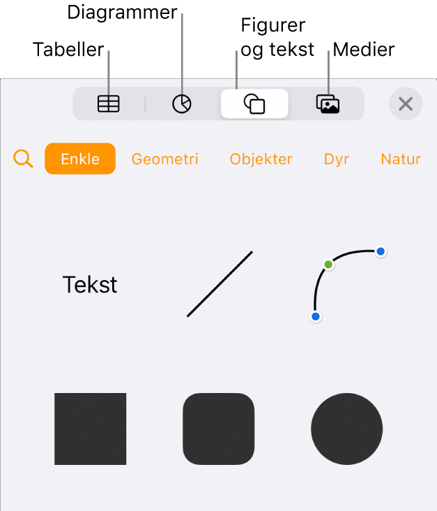 Sett inn-kontrollene åpne, med knapper for å legge til tabeller, diagrammer, tekst, figurer og medier.