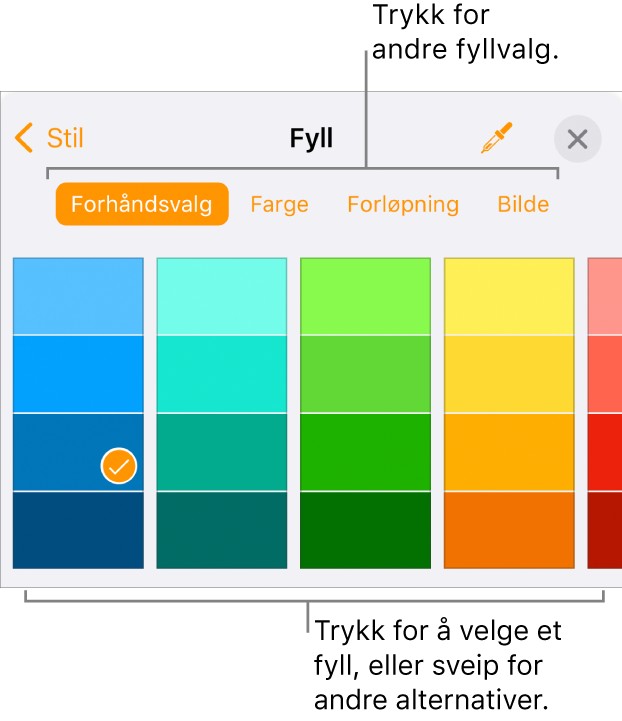 Fyllalternativer i Stil-fanen for Format-knappen.