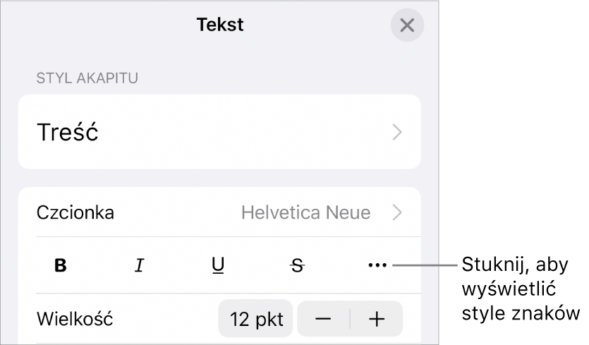 Narzędzia formatowania z widocznymi przyciskami Pogrubienie, Kursywa, Podkreślenie, Przekreślenie oraz Więcej opcji tekstu.