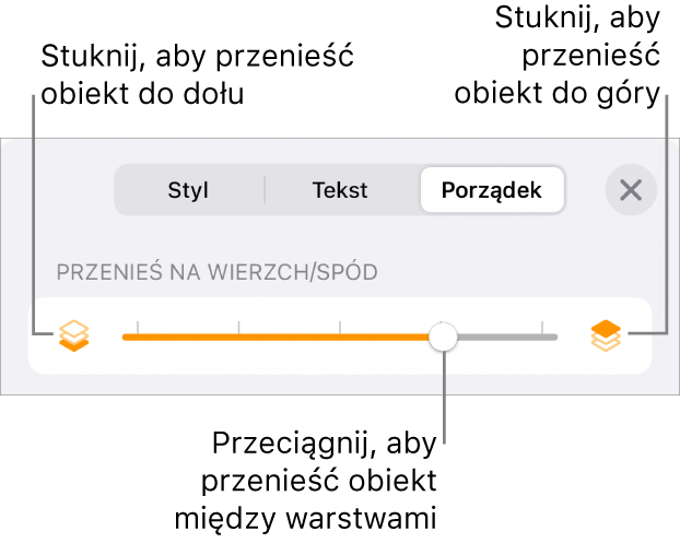 Przycisk przenoszenia niżej, przycisk przenoszenia wyżej i suwak warstw.