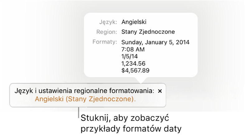 Powiadomienie o różnicy ustawień dotyczących języka i regionu, pokazujące przykłady formatowania używanego w wybranym języku i regionie.