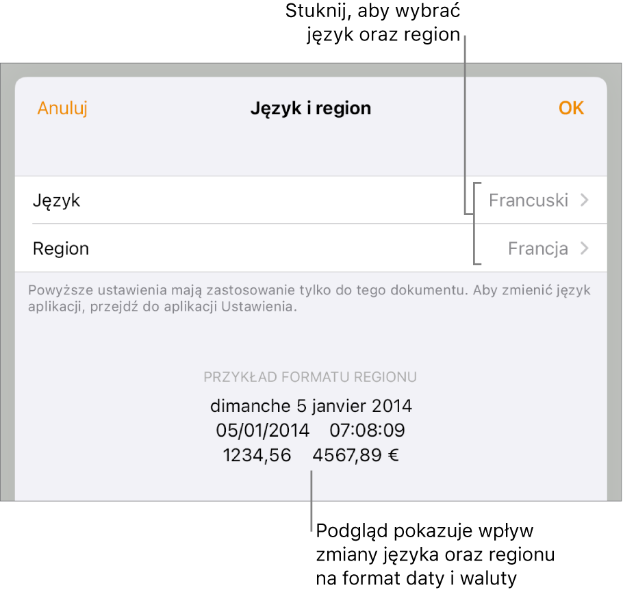 Panel Język i region z narzędziami do ustawień języka i regionu, a także przykład formatu zawierający datę, czas, liczbę dziesiętną oraz walutę.