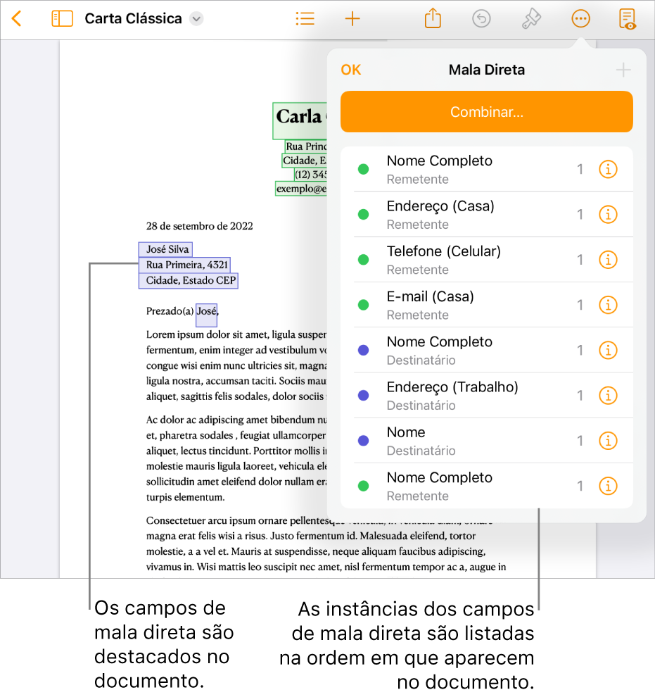 Documento do Pages com campos de destinatário e remetente de mala direta e a lista de instâncias de campos de mala direta visível na barra lateral Documento.