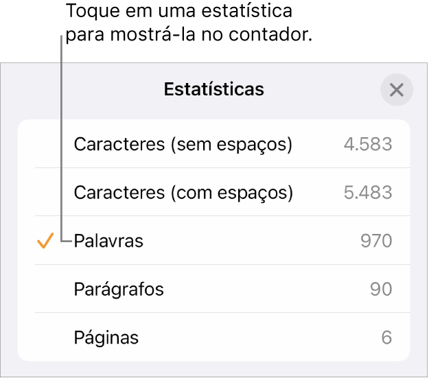 O menu Estatísticas mostrando opções para mostrar o número de caracteres com e sem espaços, contagem de palavras, contagem de parágrafos e contagem de páginas.