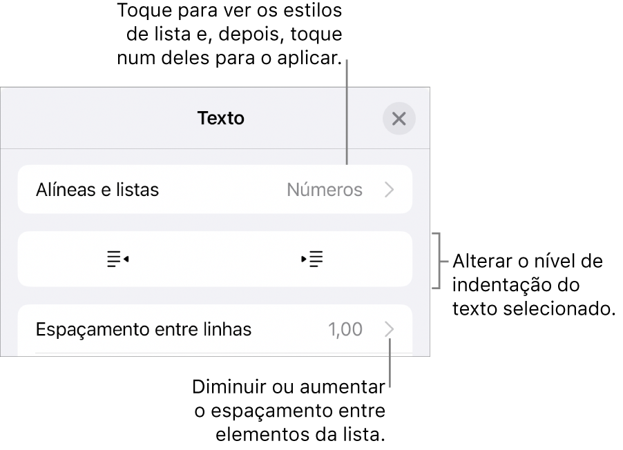 A secção “Marcas e listas” dos controlos de Formatação com chamadas para “Marcas e listas”, botões de remover indentação e de indentação e controlos de espaçamento.