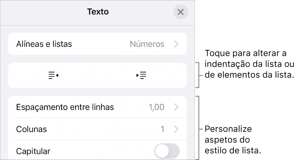 O menu “Editar estilo de lista” com controlos para espaçamento, tipo de lista e formatação, números por escalões e espaçamento entre linhas.