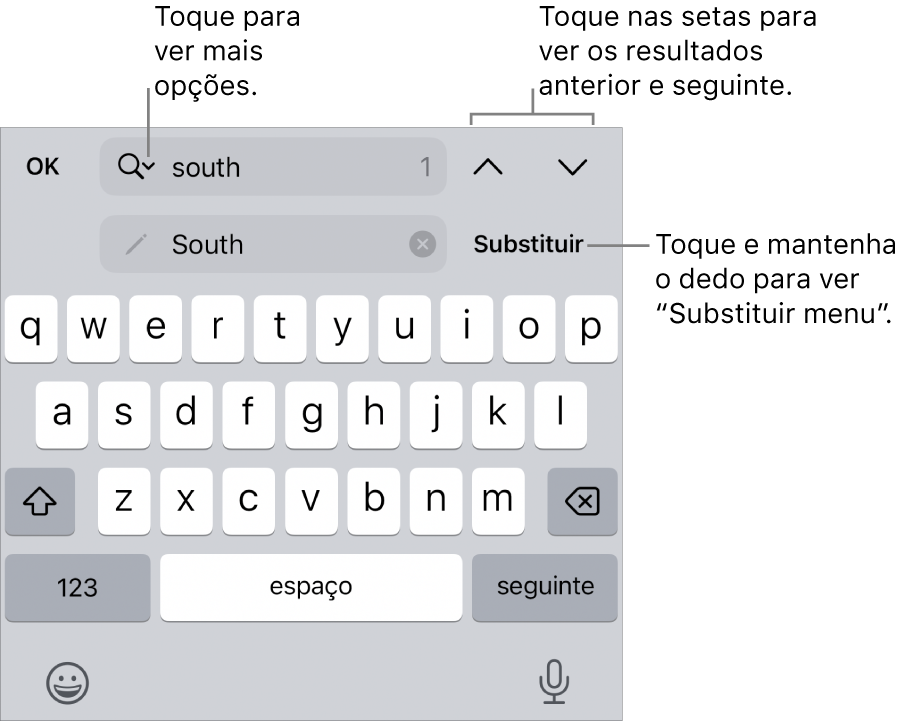 Os controlos “Procurar e substituir” acima do teclado com chamadas para os botões “Opções de pesquisa”, “Substituir”, “Ir para cima” e “Ir para baixo”.