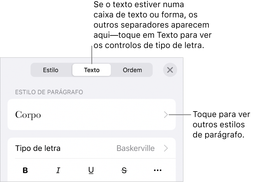 O menu Formatação a apresentar controlos de texto para definir estilos de parágrafo e carácter, tipo de letra, tamanho e cor.