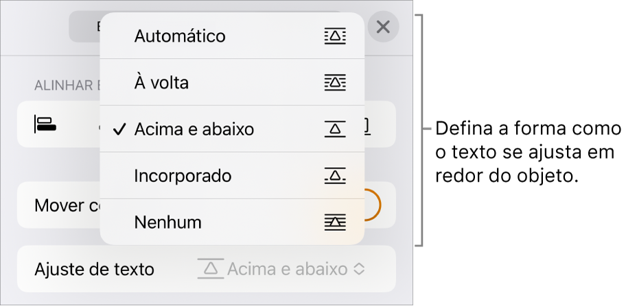 Os controlos “Ajuste de texto” com definições para Automático, “À volta”, “Por cima e por baixo”, “Incorporado com texto” e Nenhum.