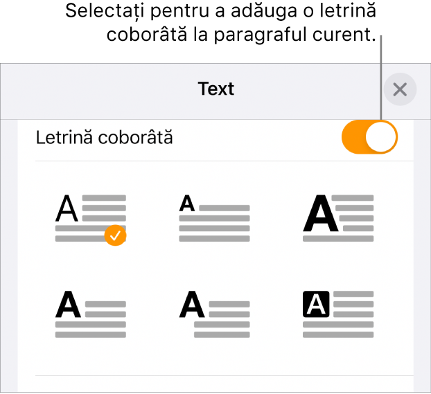 Comenzile Letrină coborâtă situate în partea de jos a meniului Text.