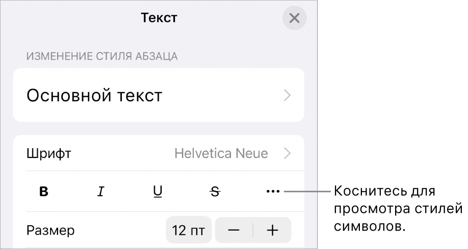 Панель «Формат» с кнопками жирного шрифта, курсива, подчеркивания и зачеркивания, а также кнопкой «Дополнительные параметры текста».