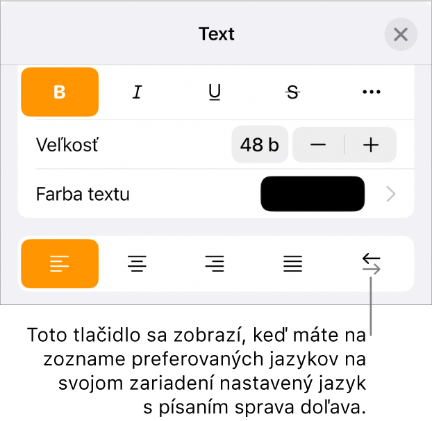 Ovládacie prvky v menu Formát s bublinou pre tlačidlo Sprava doľava.