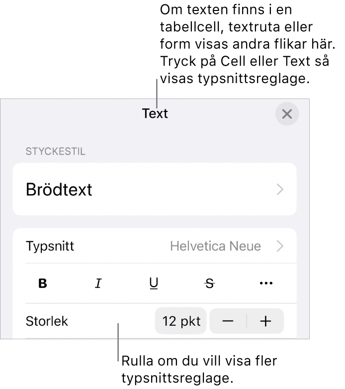 Textreglage i menyn Format för att ställa in stycke- och teckenstilar, typsnitt, storlek och färg.