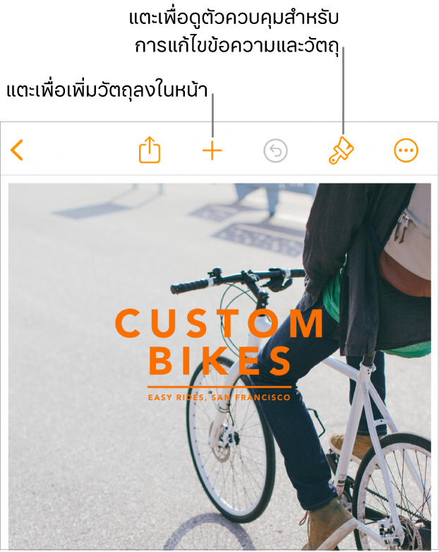 เอกสาร Pages ที่มีปุ่มในแถบเครื่องมือสำหรับเปิดตัวควบคุมรูปแบบและเพิ่มวัตถุ