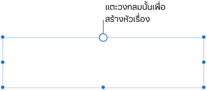 กล่องข้อความที่ว่างเปล่าที่มีวงกลมสีขาวอยู่ที่ด้านบนสุดและขอบจับปรับขนาดอยู่ที่มุมต่างๆ ด้านต่างๆ และด้านล่างสุด