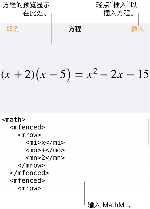 “方程”对话框，显示使用 MathML 命令所写的方程，以及上方公式的预览。