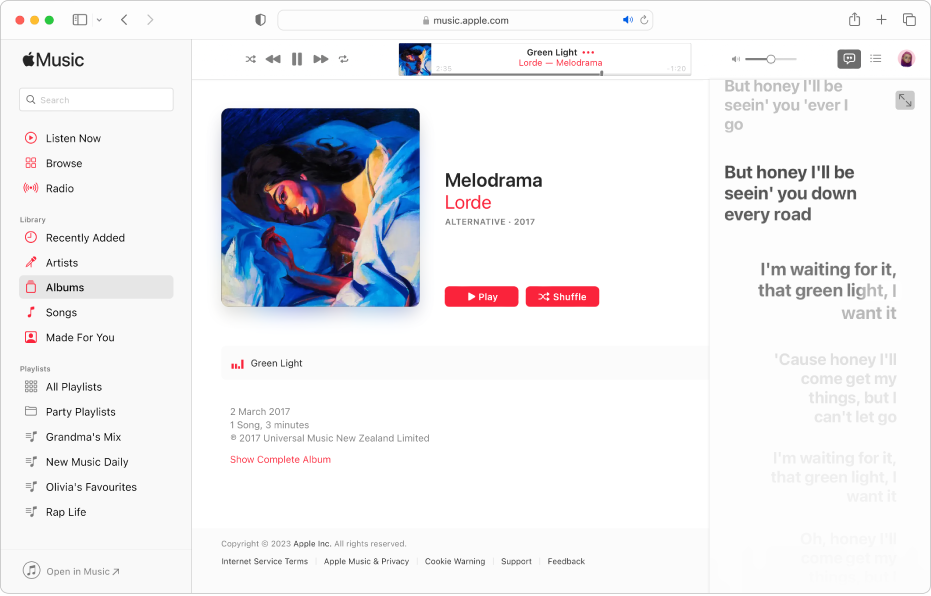 View song lyrics in Apple Music on the web – Apple Support (UK)