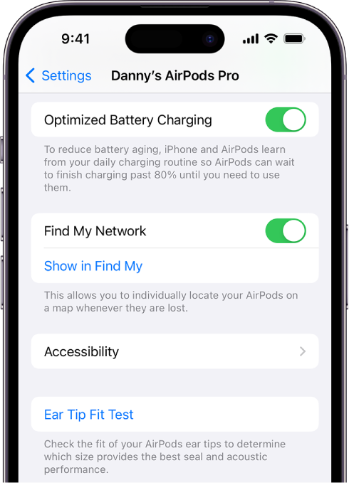 Bluetooth settings on an iPhone showing options for AirPods Pro (all generations). The Find My Network option is on, which allows AirPods to be located individually on a map whenever they’re lost.