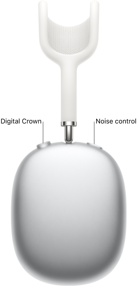 The right headphone on AirPods Max, showing the Digital Crown on the top left of the headphone and the noise control button on the top right.