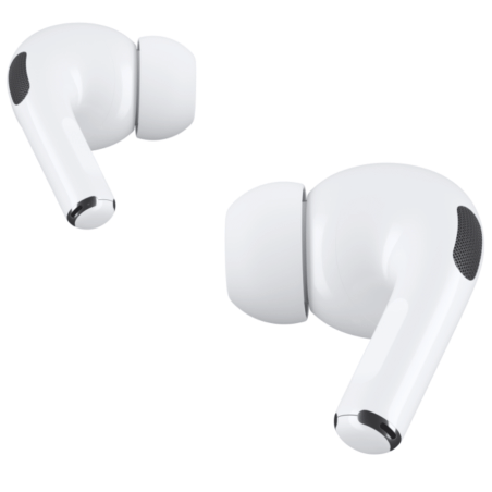 AirPods Pro (1st generation) are shown. One of the AirPods is being pinched on both sides of its stem.