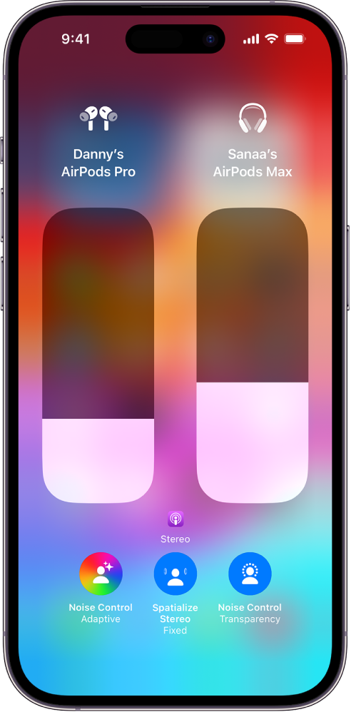 The volume screen in Control Center showing the volume level for two pairs of AirPods. Below the volume indicator on the left is the Noise Control/Transparency icon, indicating that Transparency is on. Below the volume indicator on the right is the Noise Control/Noise Cancellation icon, indicating that Noise Control is on.