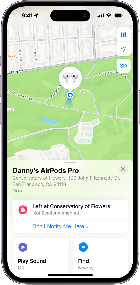 A screen in the Find My app on iPhone. The location of AirPods is shown on a map of San Francisco, with an address listed and the options Play Sound and Find.