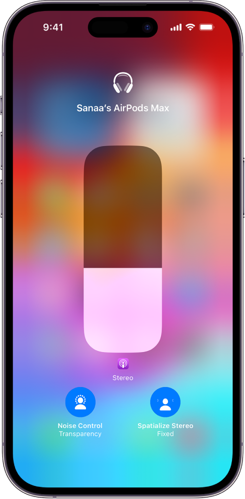 The volume screen in Control Center showing the volume level for AirPods Max. Below the volume indicator on the left is the Noise Control/Noise Cancellation icon, indicating that Noise Control is on. On the right is the Spatial Audio/Head Tracked icon, indicating that Spatial Audio and head tracking are on.