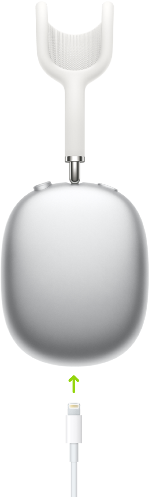 Показано подсоединение зарядного кабеля к нижней части правого наушника AirPods Max.