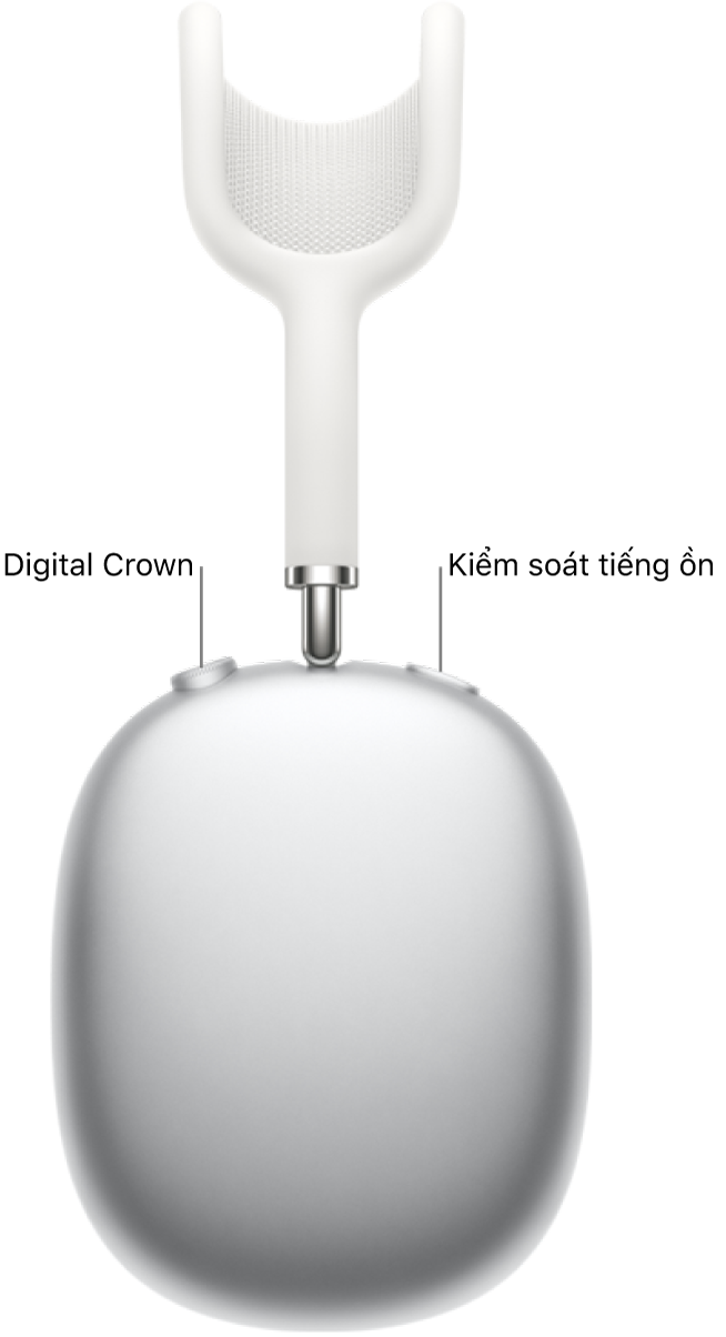 Tai nghe ở bên phải bên trên AirPods Max, đang được hiển thị Digital Crown phía trên nằm trong phía bên trái của tai nghe và nút trấn áp giờ ồn phía trên nằm trong ở bên phải.