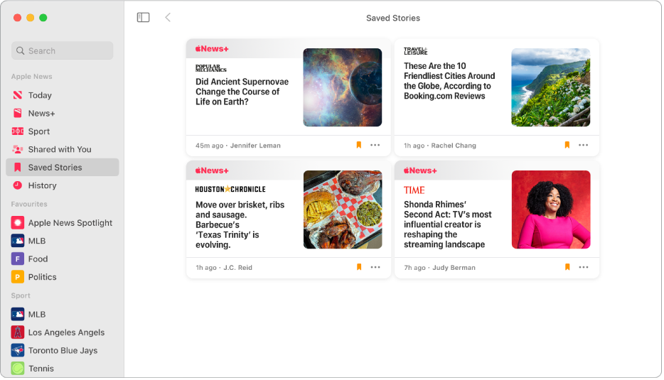 The Apple News window showing Saved Stories selected in the sidebar and four saved stories arranged in a grid on the right.