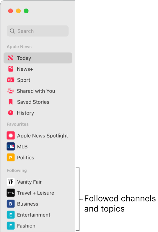 The Apple News sidebar showing followed channels and topics.