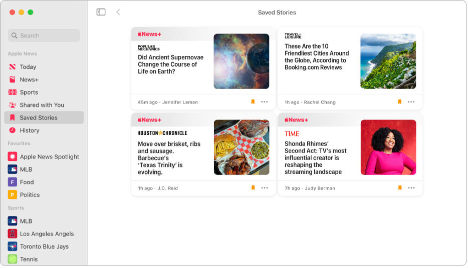 The Apple News window showing Saved Stories selected in the sidebar and four saved stories arranged in a grid on the right.