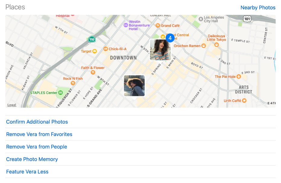 A map with thumbnails showing locations where photos of a person were taken, and commands below the map for changing People settings.