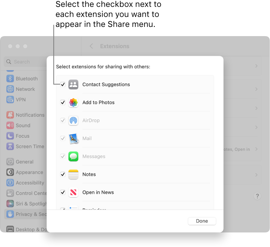A list of extensions in Extensions settings, with a checkbox next to each extension for adding it to the Share menu.