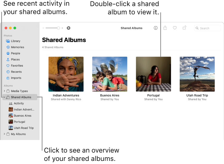 The Photos window showing Shared Albums selected in the sidebar and shared albums appearing on the right.