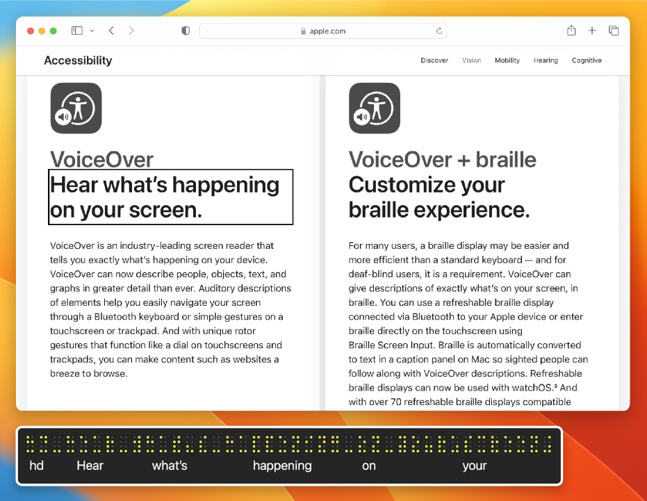 Braillský panel zobrazující obsah kurzoru VoiceOveru na webové stránce Braillský panel zobrazuje simulované žluté body Braillova písma; pod nimi se zobrazuje odpovídající text