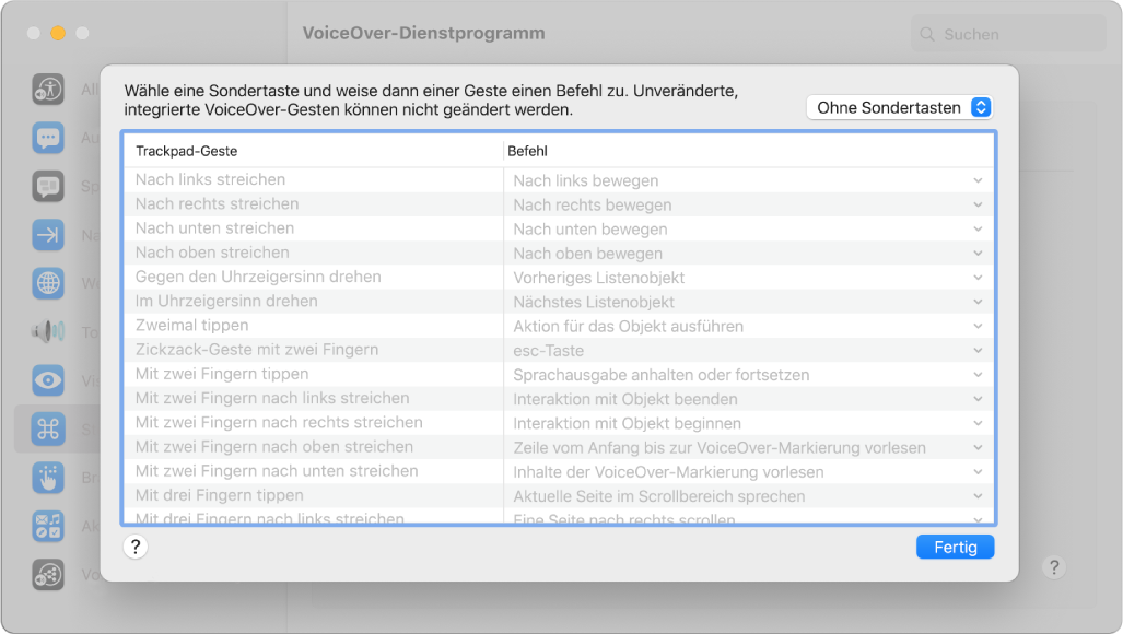 Eine Liste von VoiceOver-Gesten und entsprechenden Befehlen in der Trackpad-Steuerung im VoiceOver-Dienstprogramm