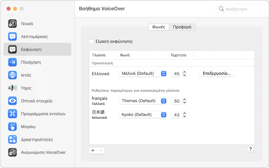 Το τμήμα «Φωνές» της κατηγορίας «Εκφώνηση» στο Βοήθημα VoiceOver στο οποίο εμφανίζονται ρυθμίσεις φωνών για Αγγλικά, Γαλλικά και Ιαπωνικά.
