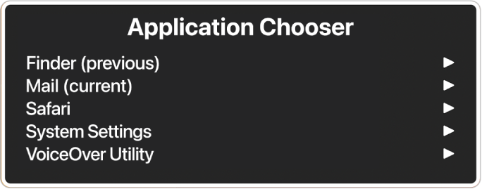 The Application Chooser listing five open applications, including the Finder and System Settings. To the right of each item in the list is an arrow.