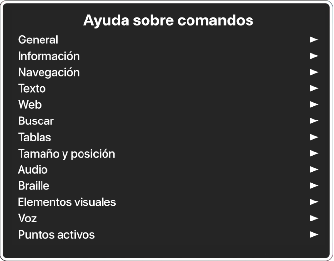 El menú Ayuda sobre Comandos es un panel que incluye las categorías de comandos, empezando con los generales y terminando con los puntos activos. A la derecha de cada elemento en la lista hay una flecha para acceder al submenú del elemento.