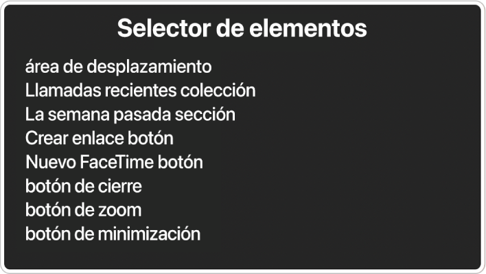 El selector de elementos es un panel que muestra una lista de elementos como un área de desplazamiento y el botón para cerrar, entre otros.