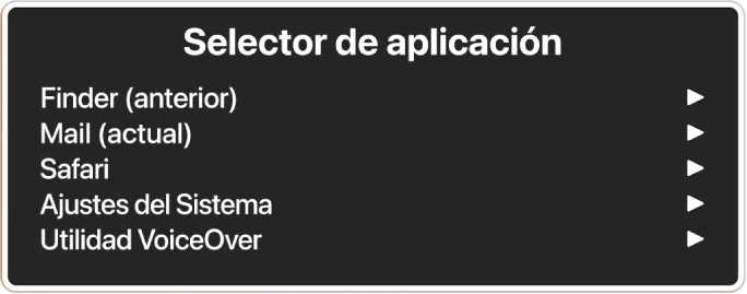 El selector de aplicación con una lista de cinco aplicaciones abiertas, entre ellas el Finder y Ajustes del Sistema. A la derecha de cada ítem de la lista hay una flecha.