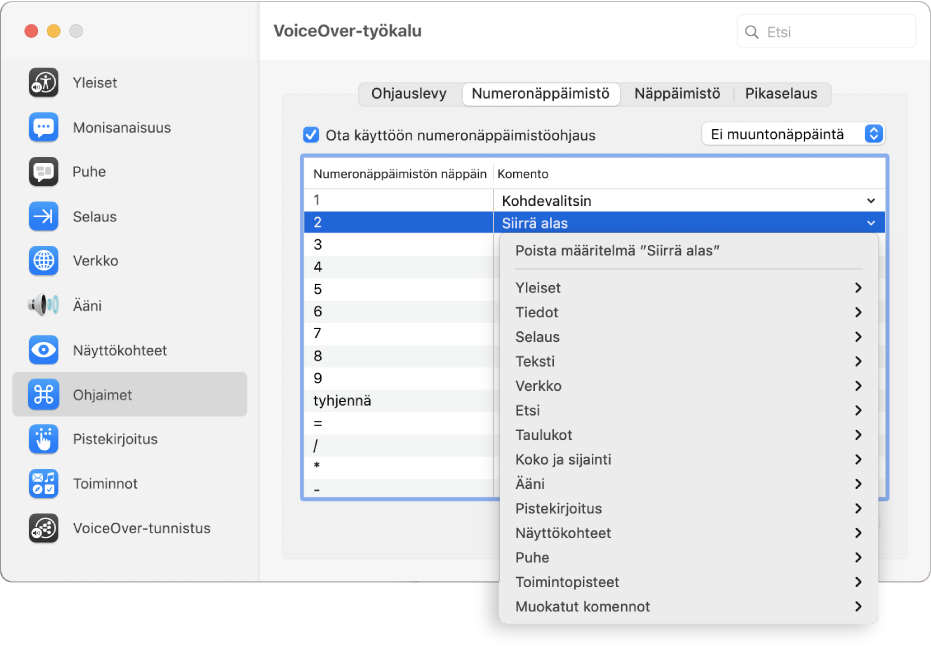 VoiceOver-työkalun ikkuna, jossa on Ohjaimet-kategoria valittuna vasemmassa sivupalkissa ja numeronäppäimistö oikealla. Numeronäppäimistö-osion yläosassa on valittuna Ota numeronäppäimistöohjaus käyttöön -valintaneliö. Muuntonäppäin-ponnahdusvalikossa on valittuna Ei muuntonäppäintä. Valintaneliön ja ponnahdusvalikon alapuolella on taulukko, jossa on kaksi saraketta: Numeronäppäimistön näppäin ja Komento. Toinen rivi on valittuna. Numeronäppäimistö-sarakkeessa on ”2” ja Komento-sarakkeessa on ”Siirrä alas”. Siirrä alas -valinnan alla on ponnahdusvalikko, jossa on komentokategorioita, kuten Yleiset. Jokaisessa kategoriassa on nuoli, josta näkyy komentoja, joita voi määrittää nykyiselle numeronäppäimistön näppäimelle.